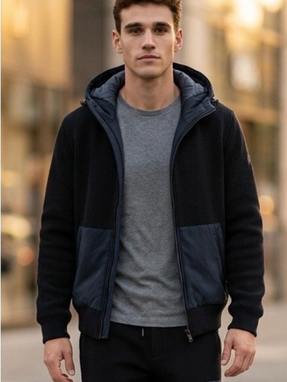 Men's Black & Navy Hooded Zip-Up Jacket